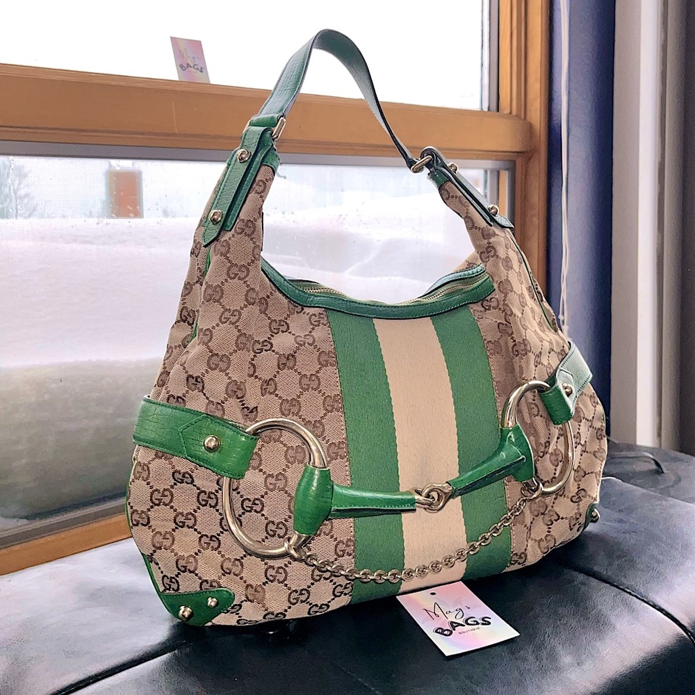 💚 Gucci: Horsebit Chain Studded Web Monogram Hobo Shoulder Bag - Picture 3 of 17